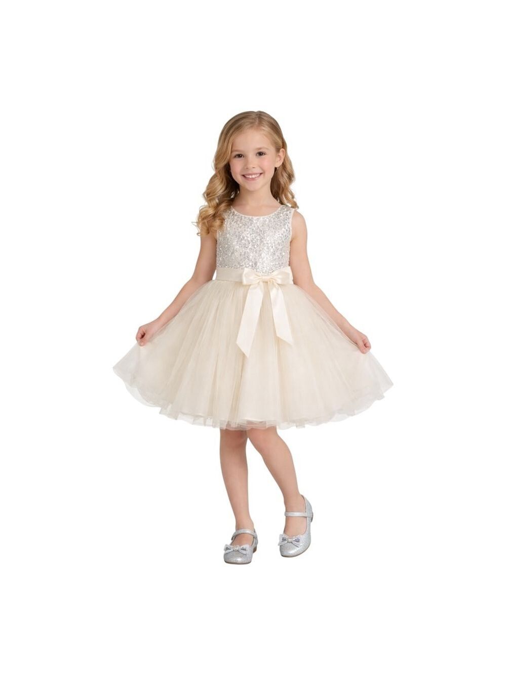 Girls Silver Rhinestone Bow Mary Jane Dress Shoes Size 7